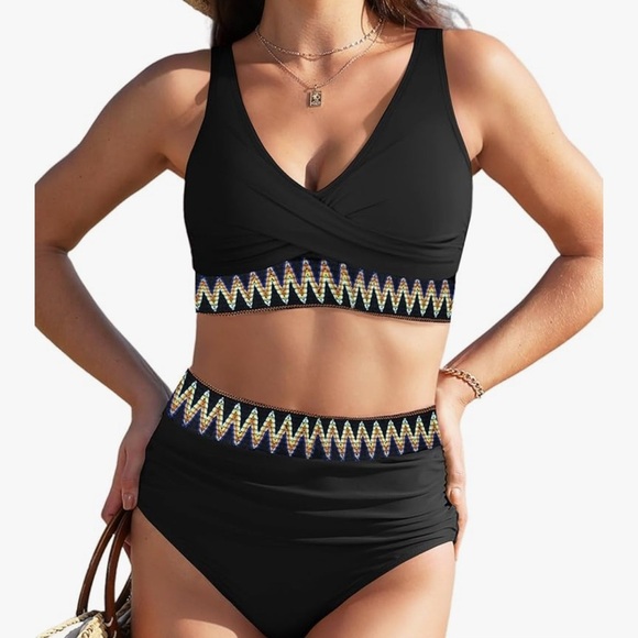 New Women’s Bikini Set Swimsuit High Waisted Tummy Control Large Black 2 Piece - Picture 6 of 6